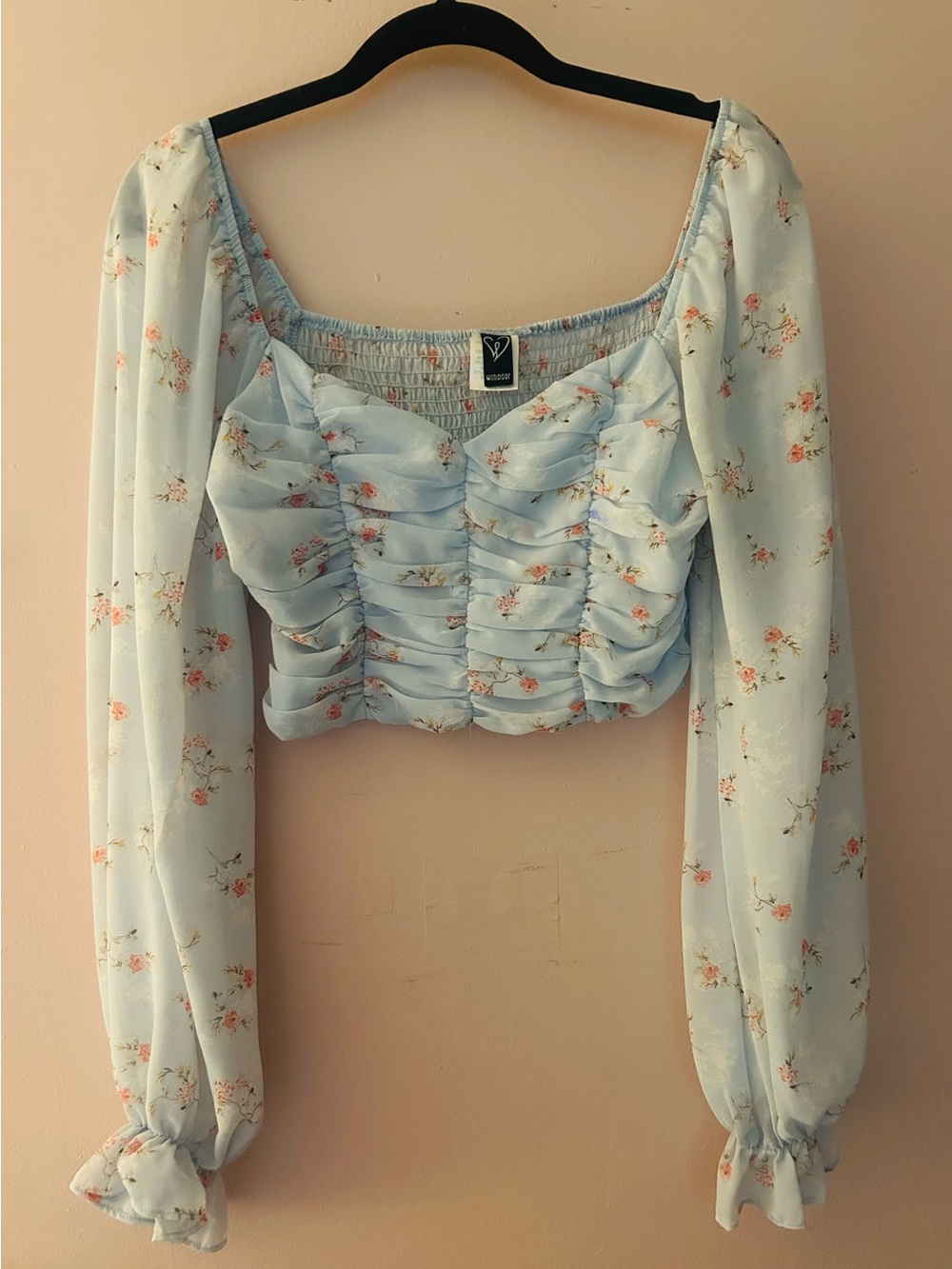 Windsor Blue Floral Smocked Peasant Blouse Pastel Crop Top Sweetheart Neck